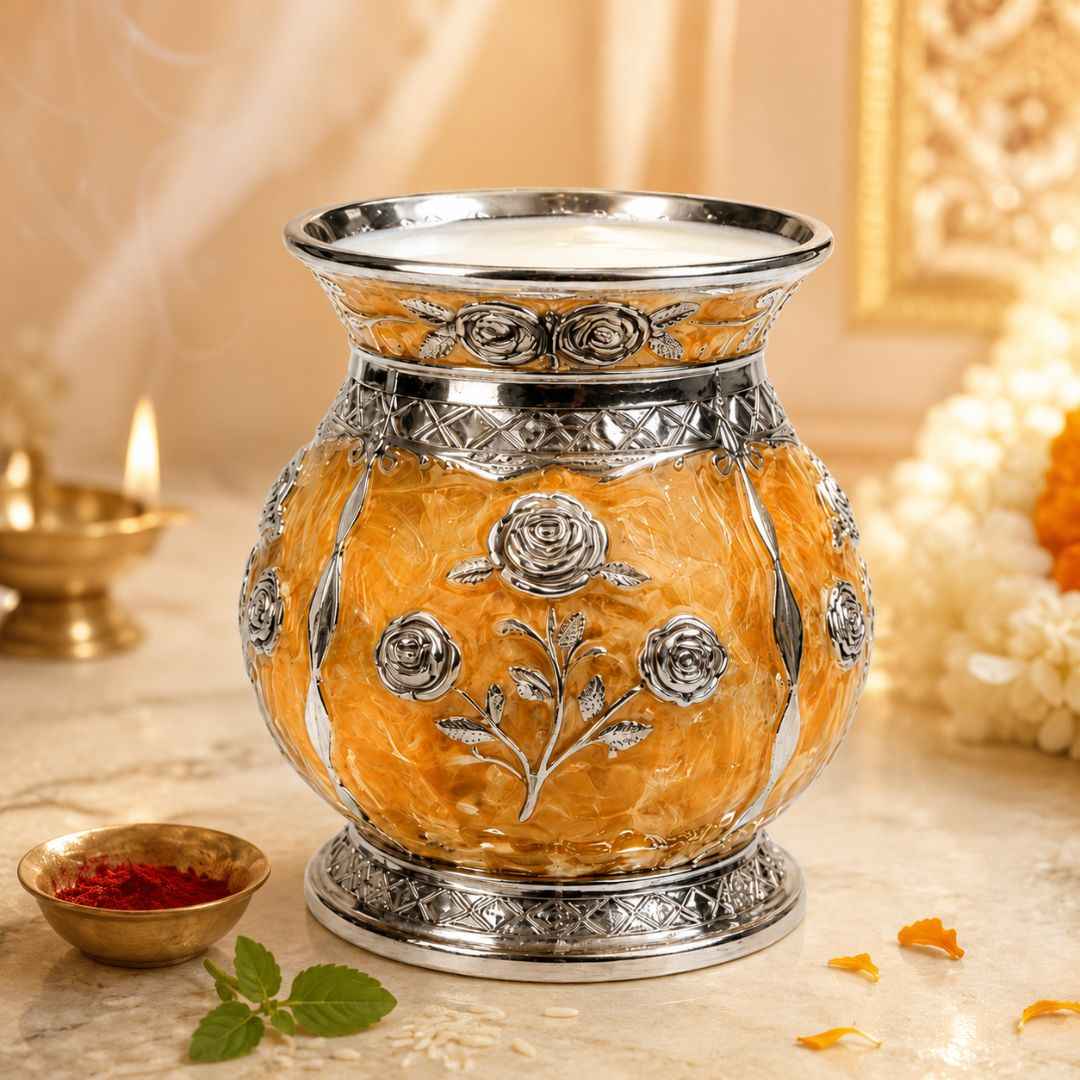 German Silver Floral Kalash with Yellow Enamel Work