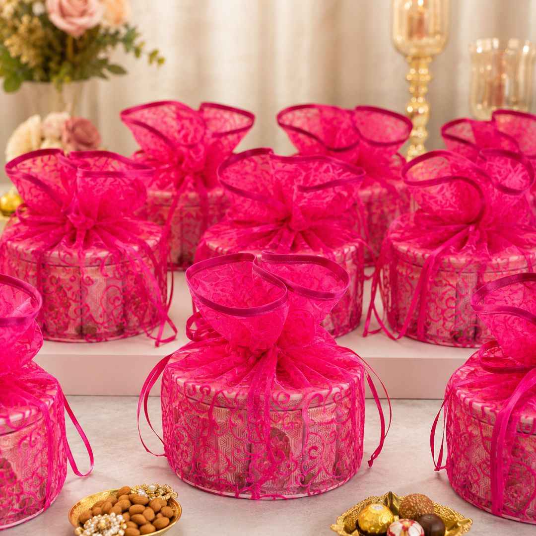 Pink Designer Organza Potli Basket – Set of 5