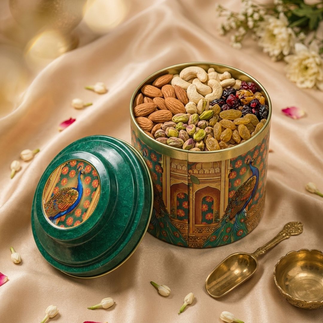 Pack of 6 Peacock Printed Metal Tin Box with Lid – Premium Gift & Dry Fruit Packaging Box