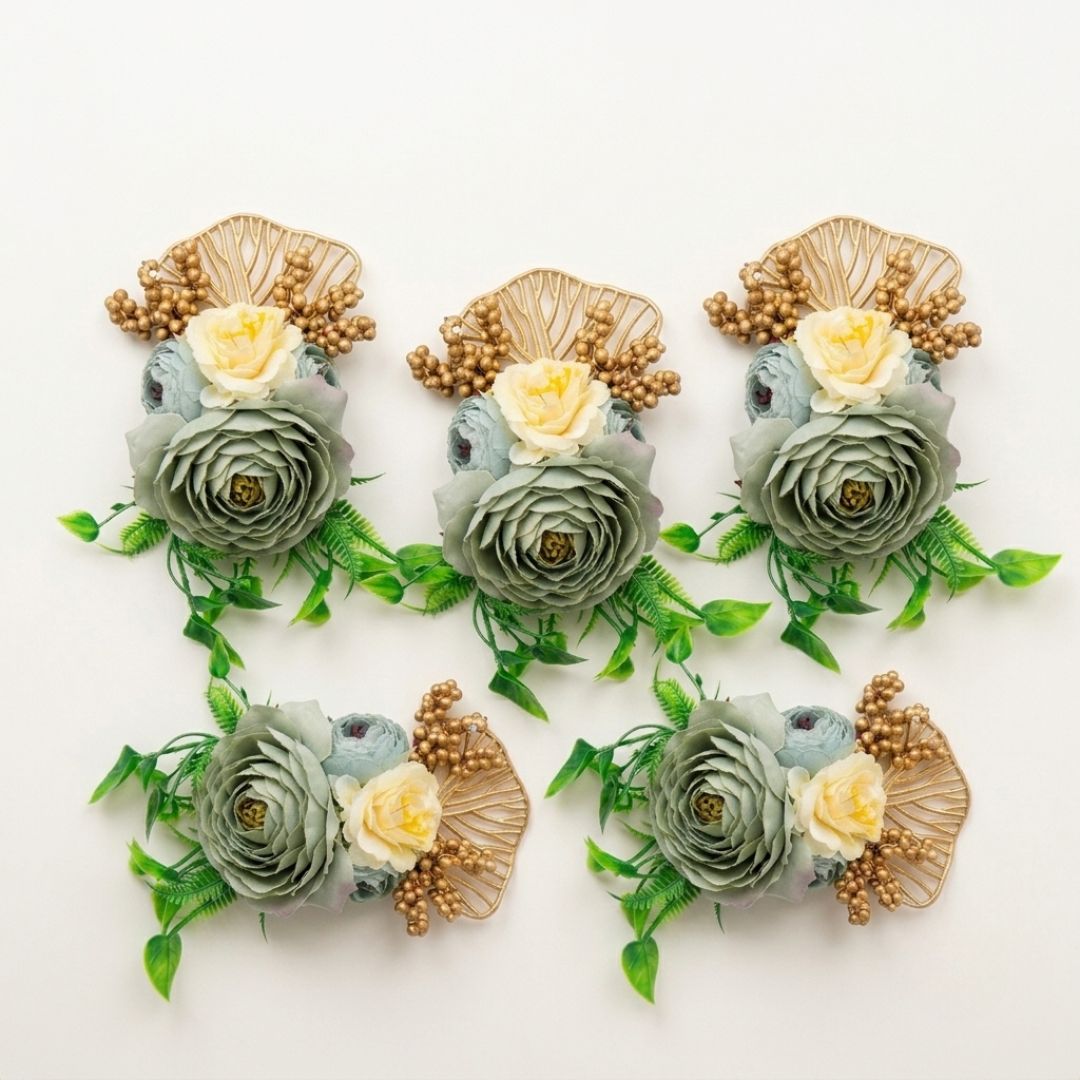 Set of 5 Sage Green & Gold Floral Decorative Accessories for Hamper & Trousseau Packing