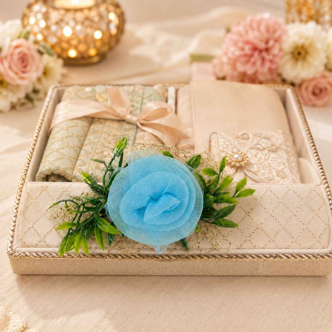 Set of 5 Blue Net Flower Decorative Accessories for Hamper & Trousseau Packing