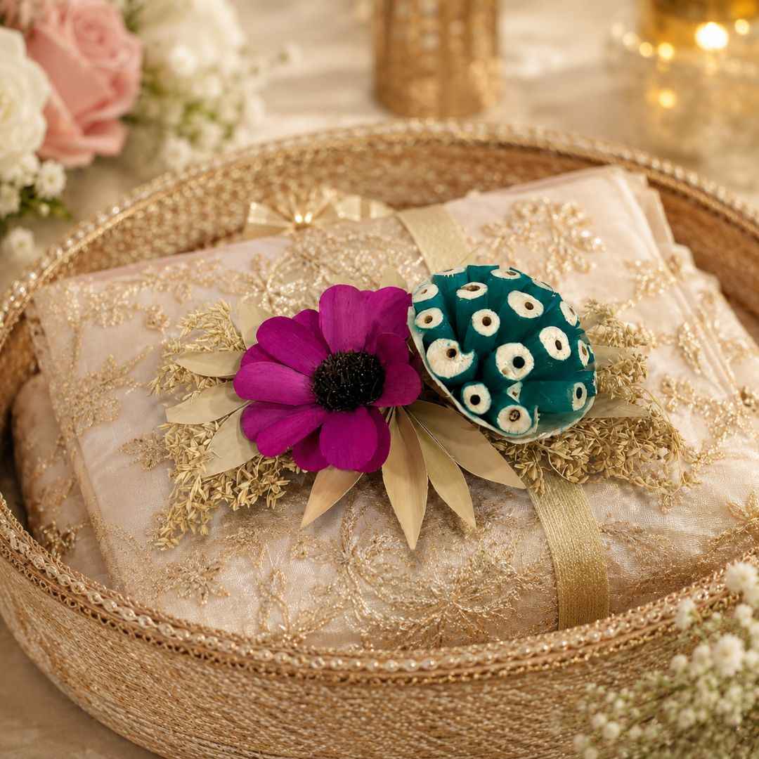 Set of 5 Magenta & Teal Floral Decorative Accessories for Hamper & Trousseau Packing