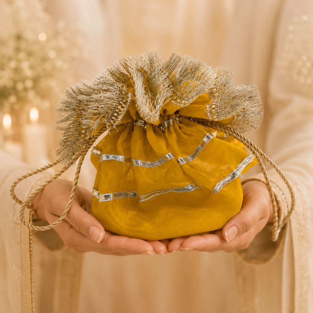 Pack of 5 -Mustard Yellow Gold Lace Drawstring Potli Bag