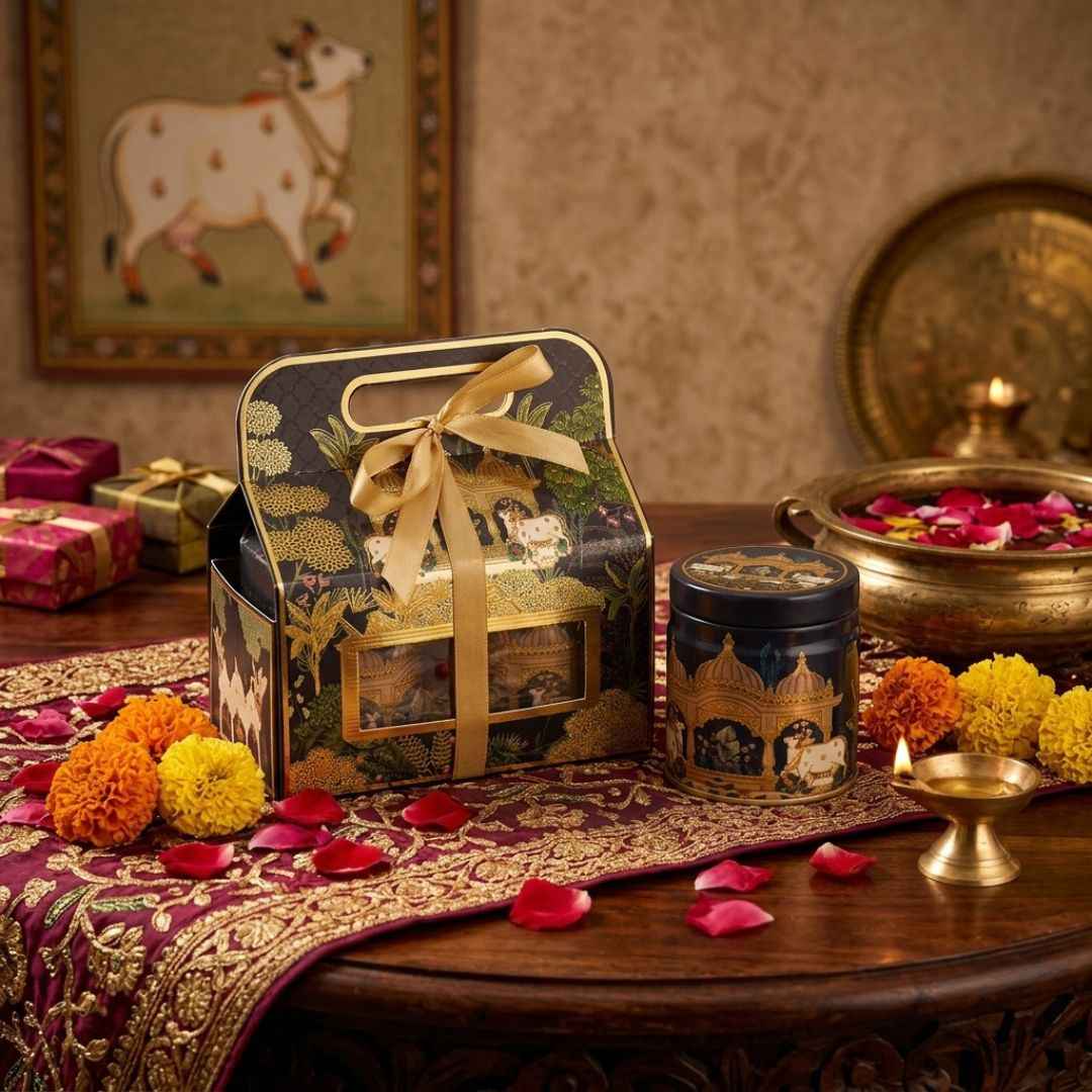Pack of 6 Royal Blue Palace Printed Metal Tin Box with Lid – Premium Gift & Dry Fruit Packaging Box