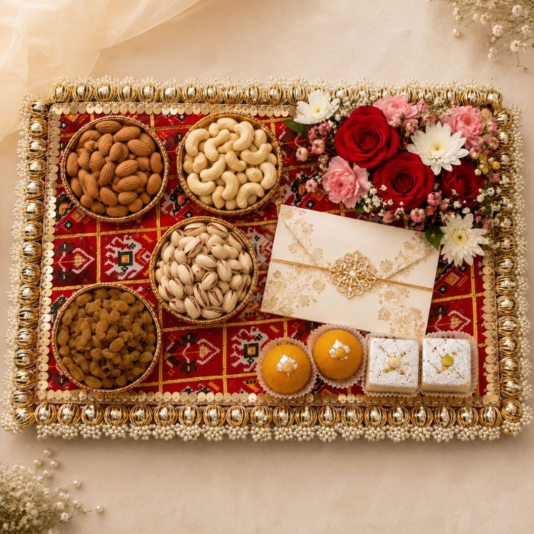 Red Patola Pearl Border Wedding Trousseau Tray