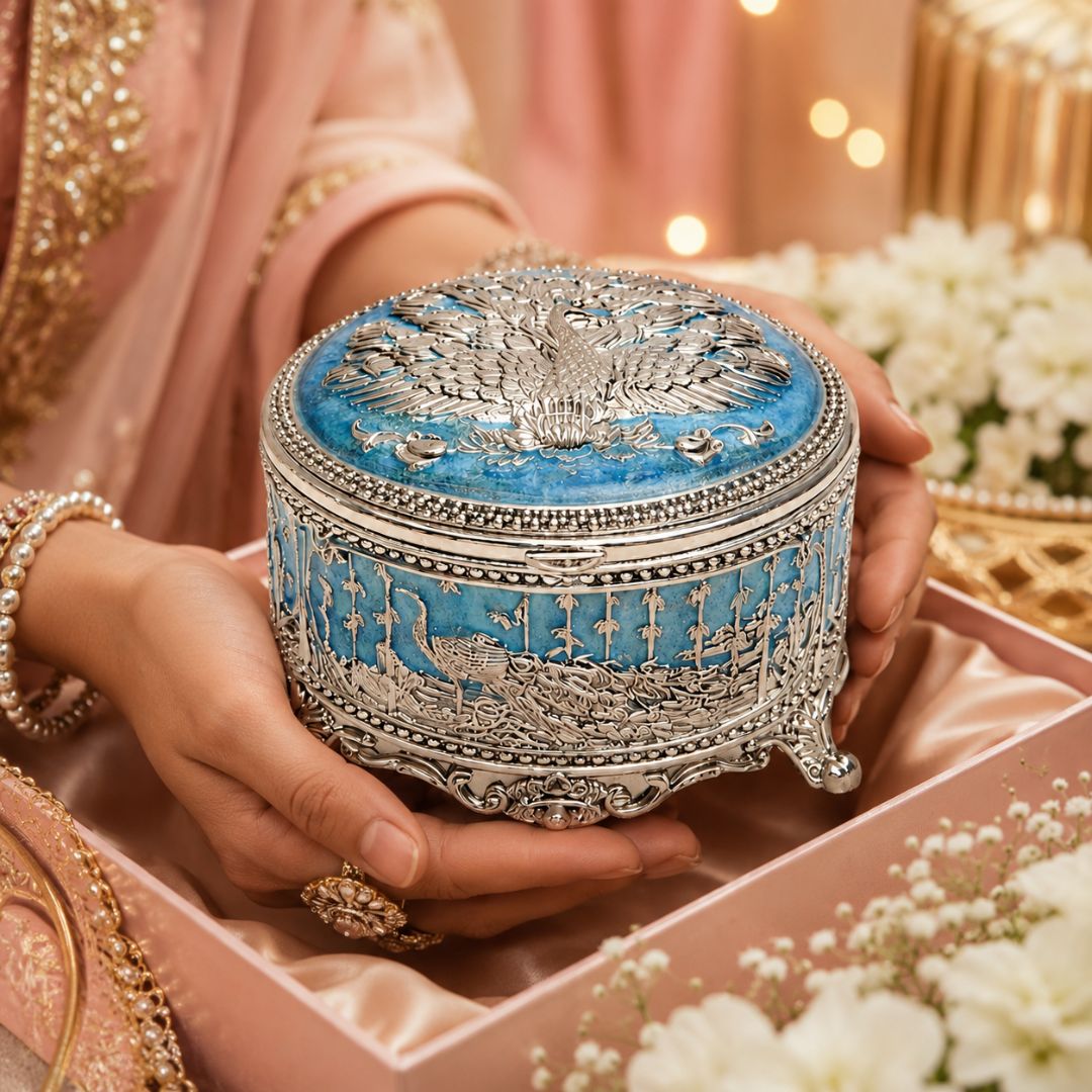 German Silver Peacock Design Round Box (3 Inch) – Luxury Dry Fruit & Return Gift Box