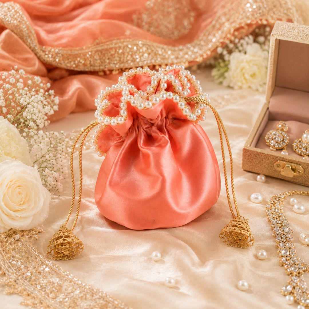 Pack of 5 -Peach Pearl Loop Drawstring Potli Bag