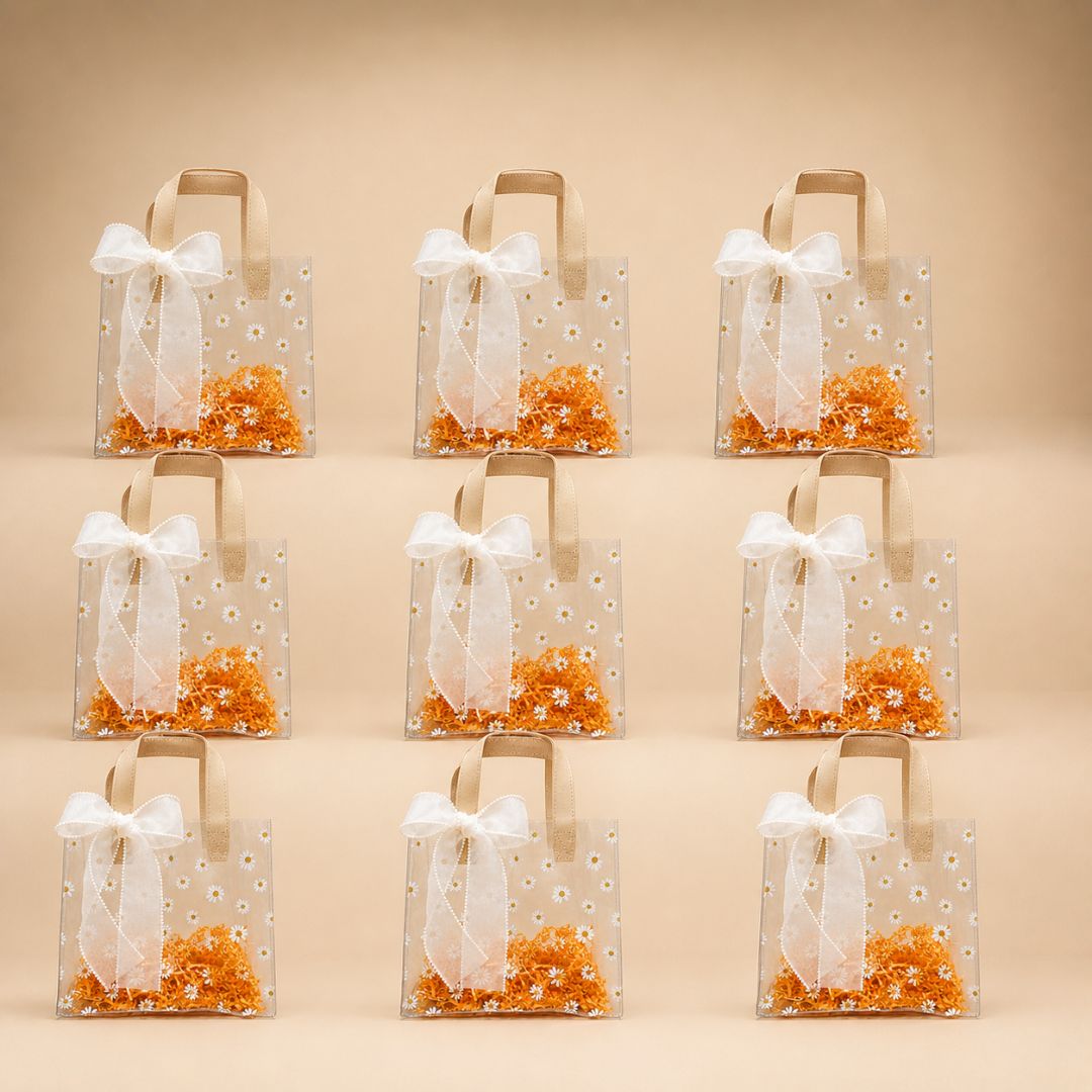 (Set of 5)Premium Transparent Floral Gift Bag with Bow Handle – 10 Inch x 14 Inch Sizes
