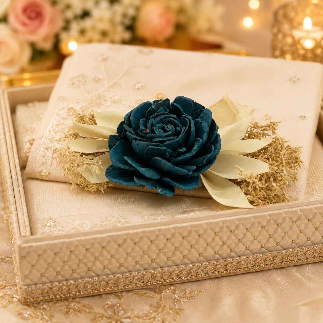 Set of 5 Teal Rose Decorative Accessories with Golden Leaves for Hamper & Trousseau Packing