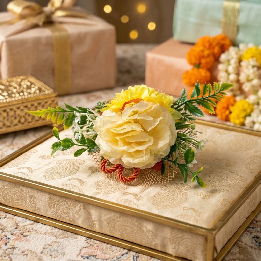 Set of 5 Yellow Floral Decorative Accessories for Hamper & Trousseau Packing