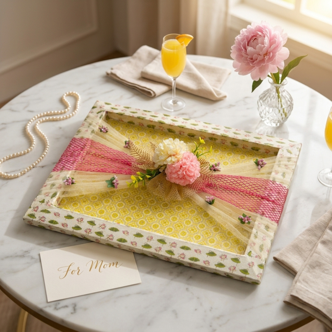 (Set of 3)Premium Floral Net Decorative Tray (18 x 14 Inch) – Yellow & Pink Wedding Hamper Tray