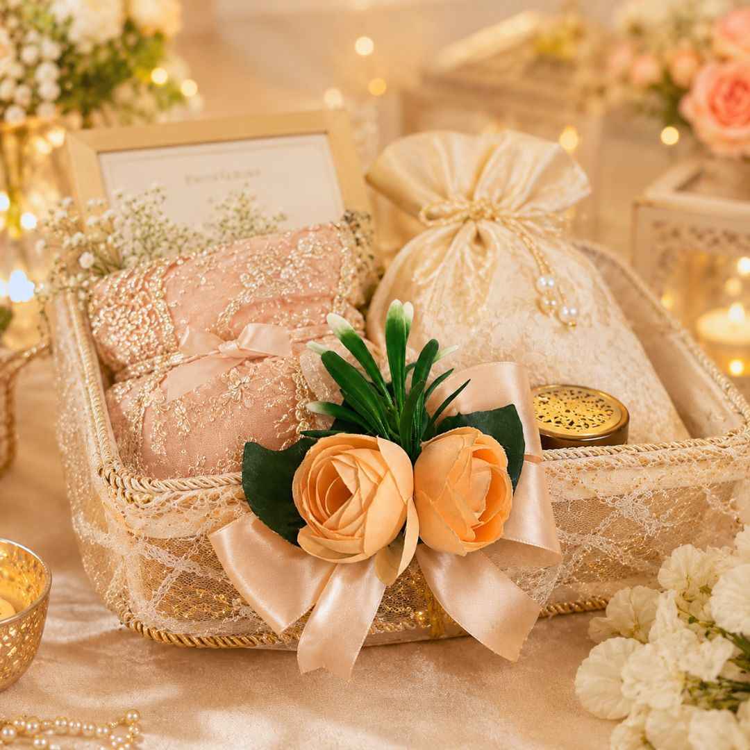 Set of 5 Peach Rose Floral Decoration Accessories for Hamper Packing