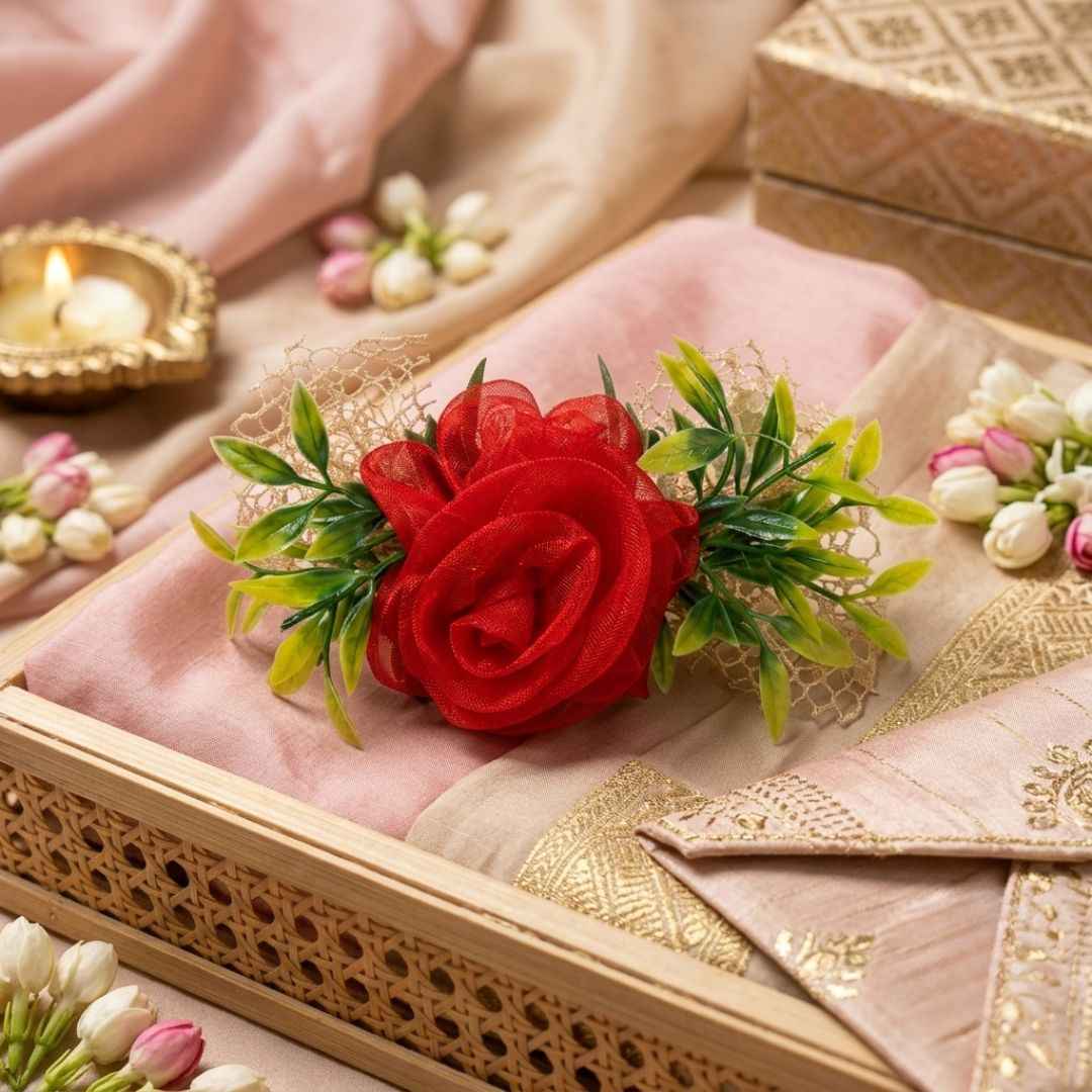 Set of 5 Red Net Flower Decorative Accessories for Hamper & Trousseau Packing