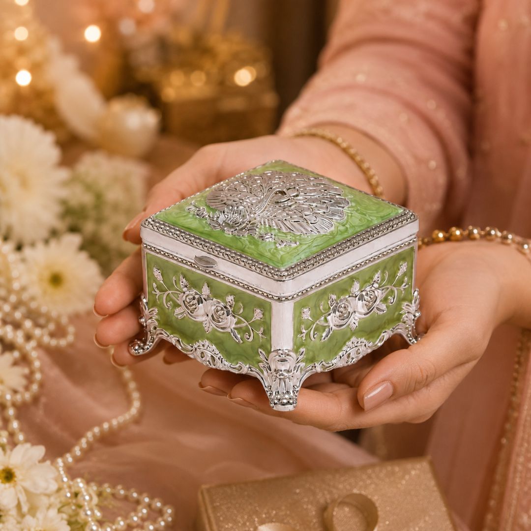 Royal Green Floral Metal Jewellery Box with Velvet Lining (3 x 3 x 2 Inch)