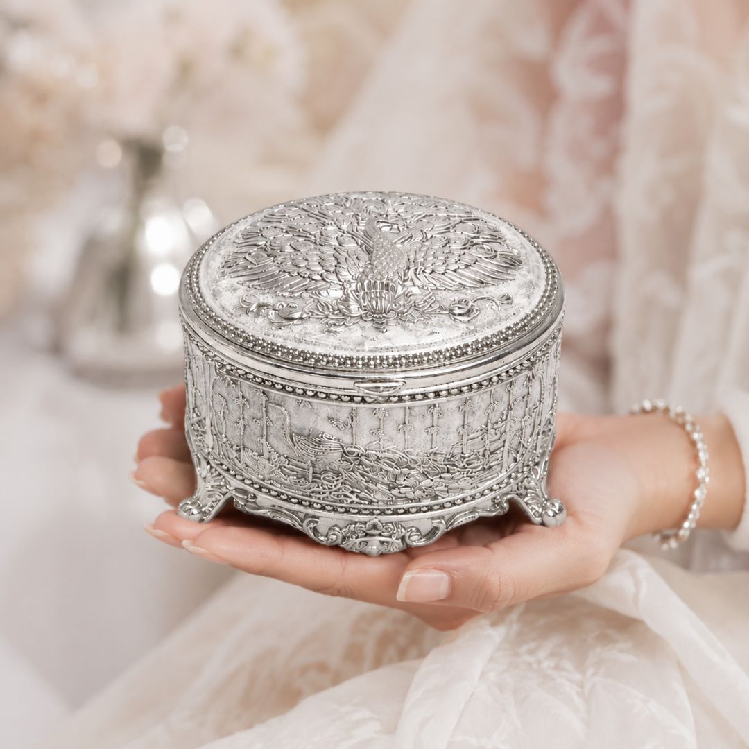 Adscraft Royal Peacock German Silver Jewelry & Dry Fruit Box with Velvet Lining (3 Inch)