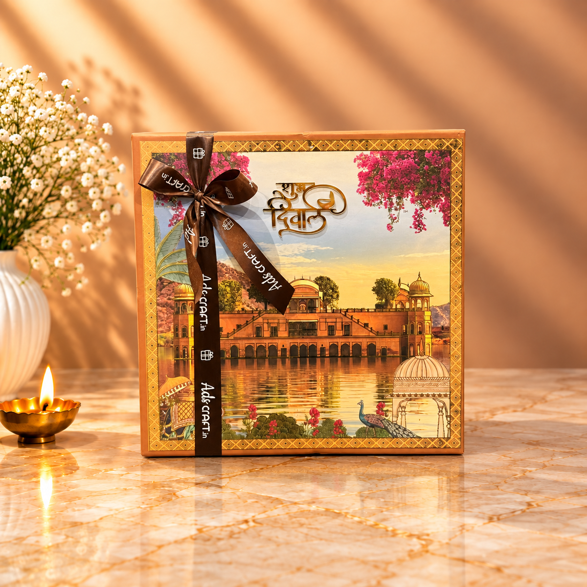 Premium Festive Delight Diwali Box with Branded Acrylic Snack Boxes, Laddoos & Festive Gifts