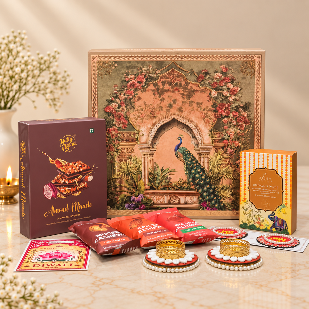 Open Peacock Luxe Diwali hamper with Nutty Affair chocolate, spiced dry fruits, festive dhoop and decorative candle holders