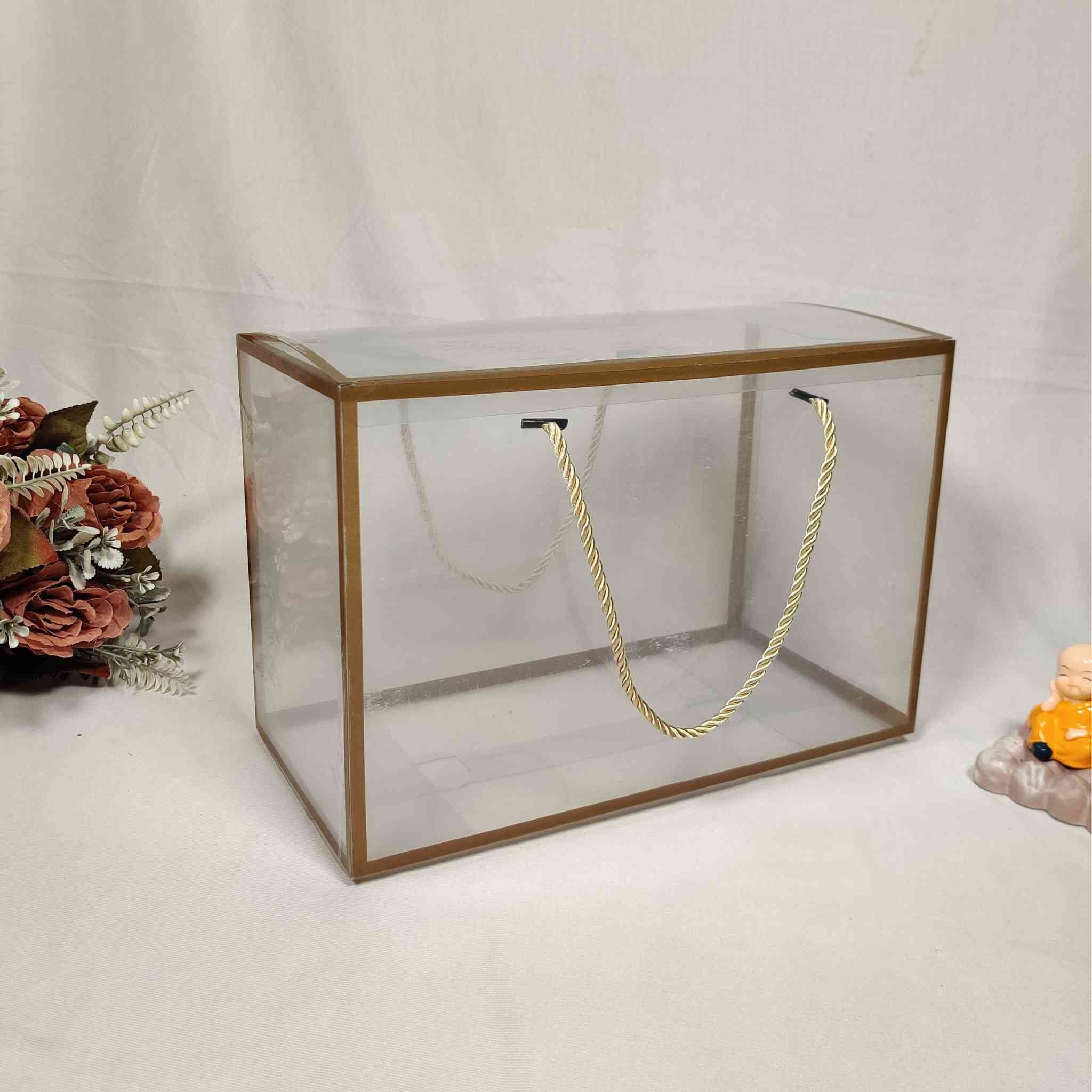 Elegant Golden Transparent Box Bag For Gift Hamper (12x6x8 inches)