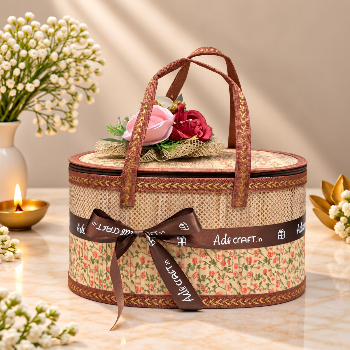 Festive Thambulam Diwali hamper with masala cashews, almonds, makhana, cookies, clay diyas and festive toran