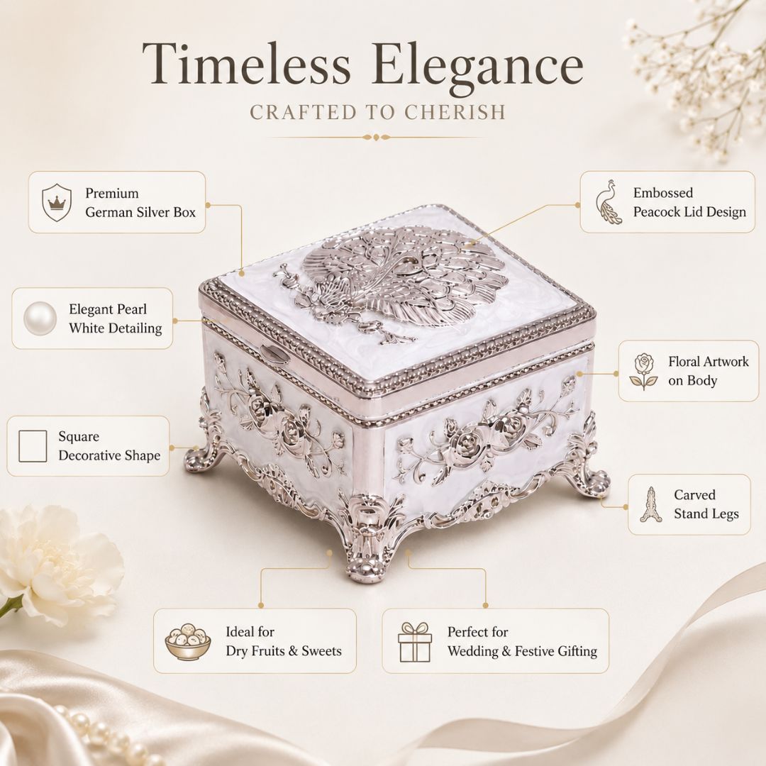 Royal White German Silver Peacock Jewellery Box (3 x 3 x 2 Inch)