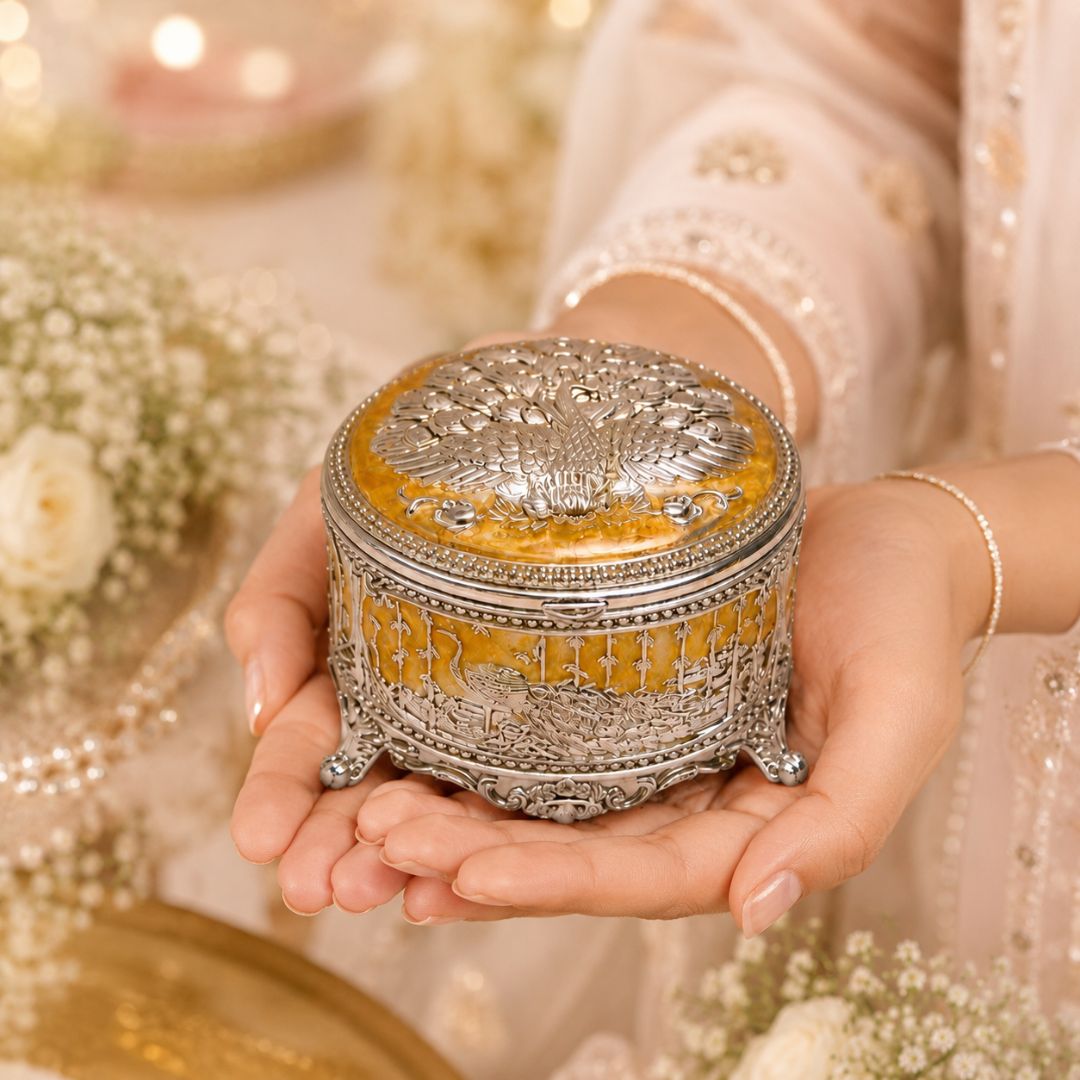 Premium German Silver Peacock Jewellery Box – 3 Inch Round with Velvet Interior