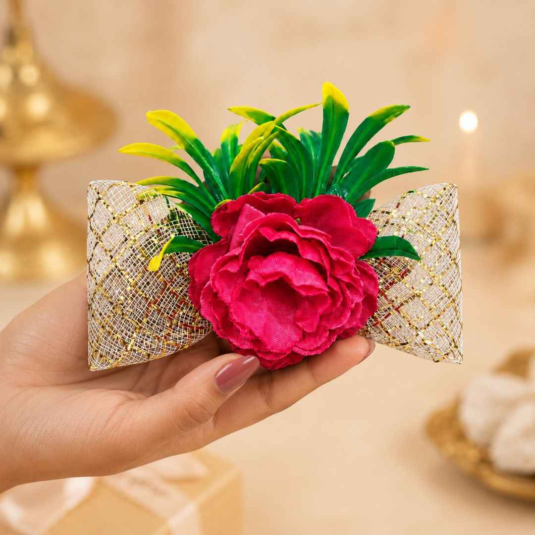 Hot Pink Floral Golden Bow Decoration Accessory for Hamper Packing