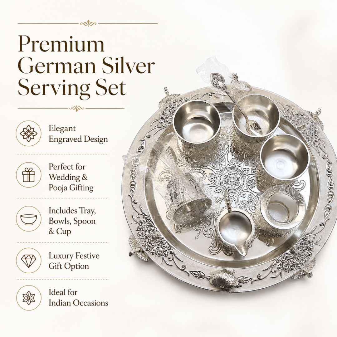 Premium German Silver Serving Set with Embossed Round Tray for Festive Gifting & Pooja Use