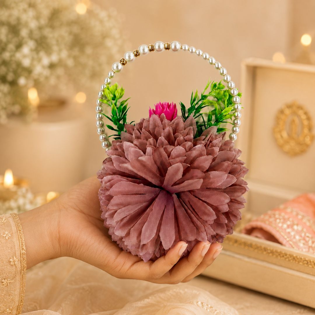 Set of 5 Mauve Pearl Handle Floral Decorative Accessories for Hamper & Trousseau Packing