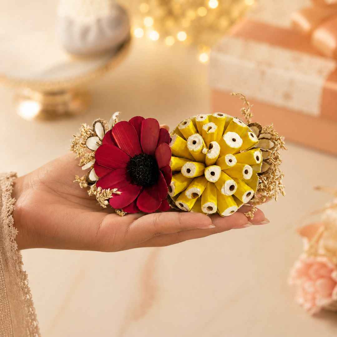 Set of 5 Red & Yellow Floral Decorative Accessories for Hamper & Trousseau Packing