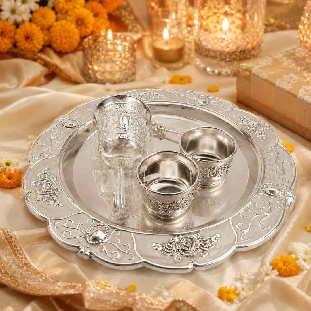 Premium German Silver Tray Set with Bowls & Spoon for Pooja, Serving & Gifting
