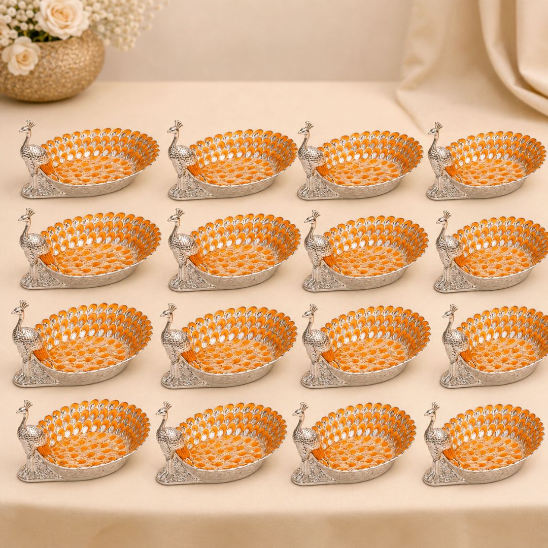 Peacock-Shaped German Silver Tray with Orange Enamel (8 Inch) – Luxury Dry Fruit & Gifting Tray - Adscraft.in