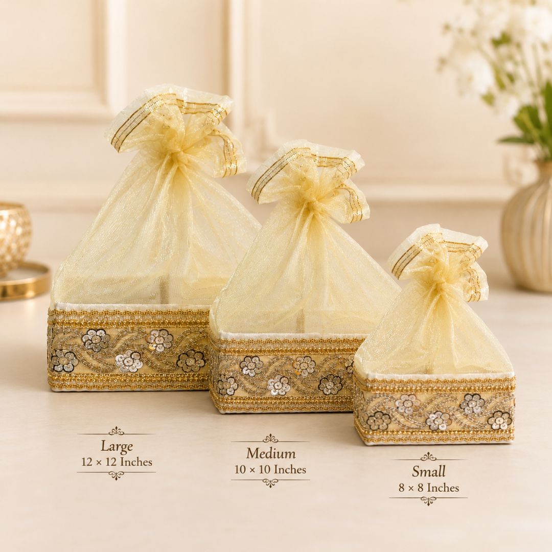Set of 3-Ivory Gold Embroidered Wedding Hamper Basket Set