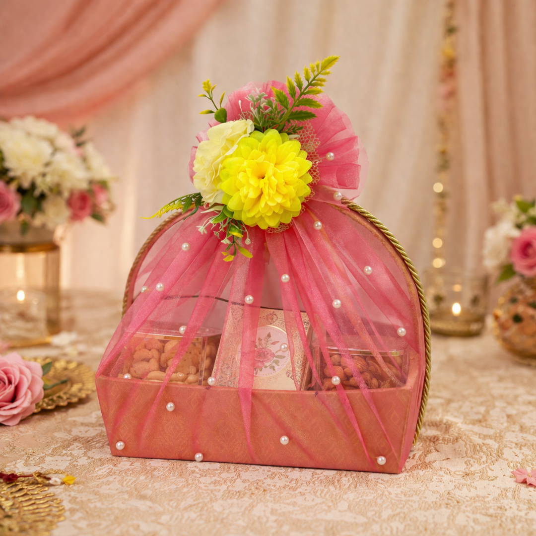 (Set of 3)Premium Peach Net Gift Basket with Floral Top –  (11 x 15 Inches)