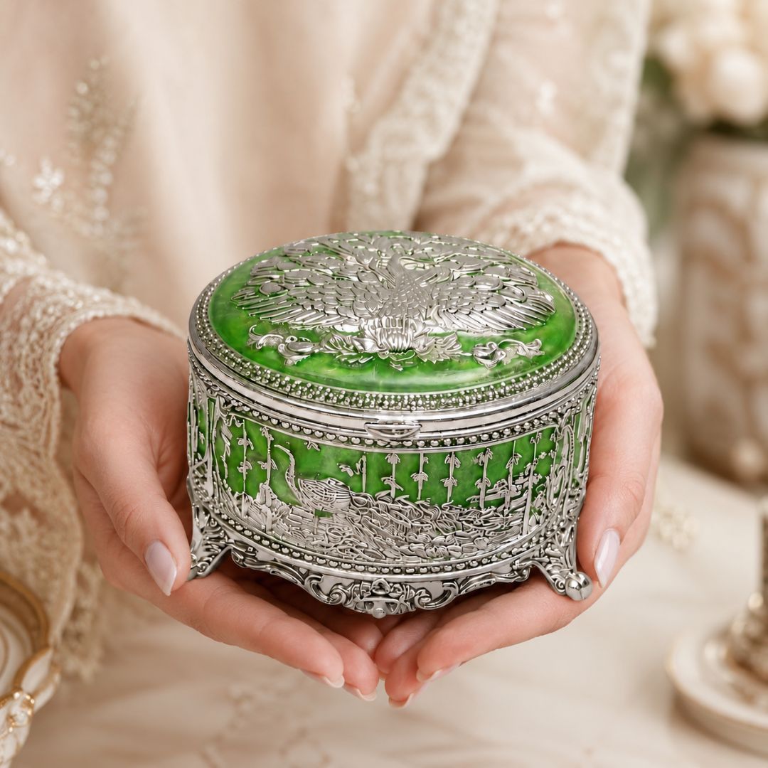 Royal Peacock Enamel Silver Jewellery Box – 3 Inch (Green Finish)