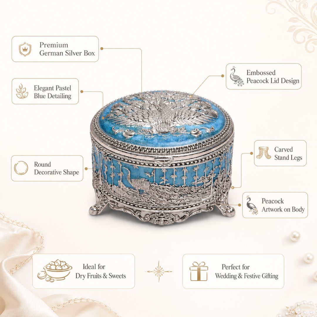 German Silver Peacock Design Round Box (3 Inch) – Luxury Dry Fruit & Return Gift Box