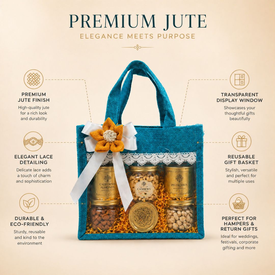 (Set of 5)Premium Teal Jute Gift Basket with Transparent Window & Lace Decor| 8 x 10 Inch Sizes)