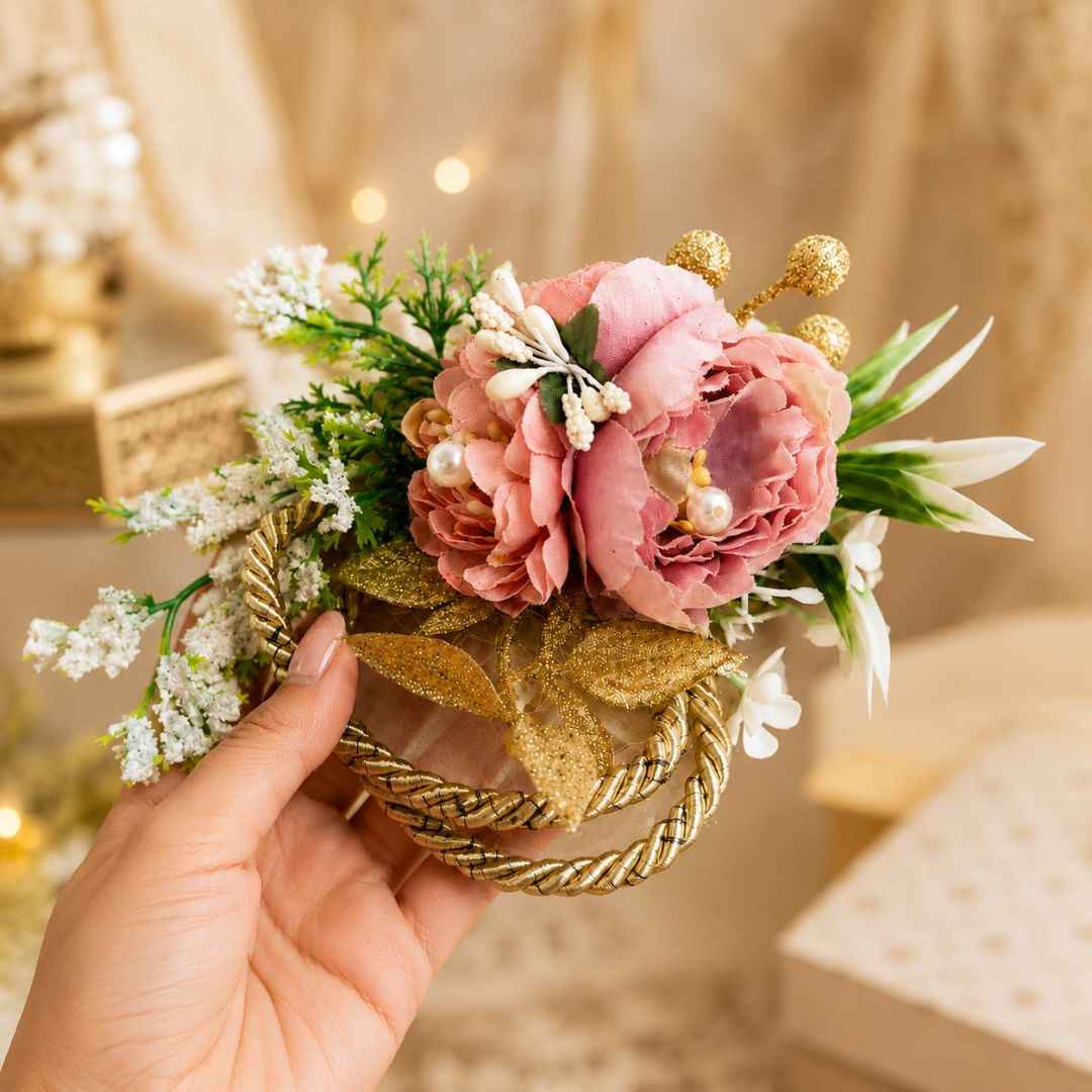 Pack of 5 Pink Floral Golden Loop Decoration Accessories for Hamper Packing