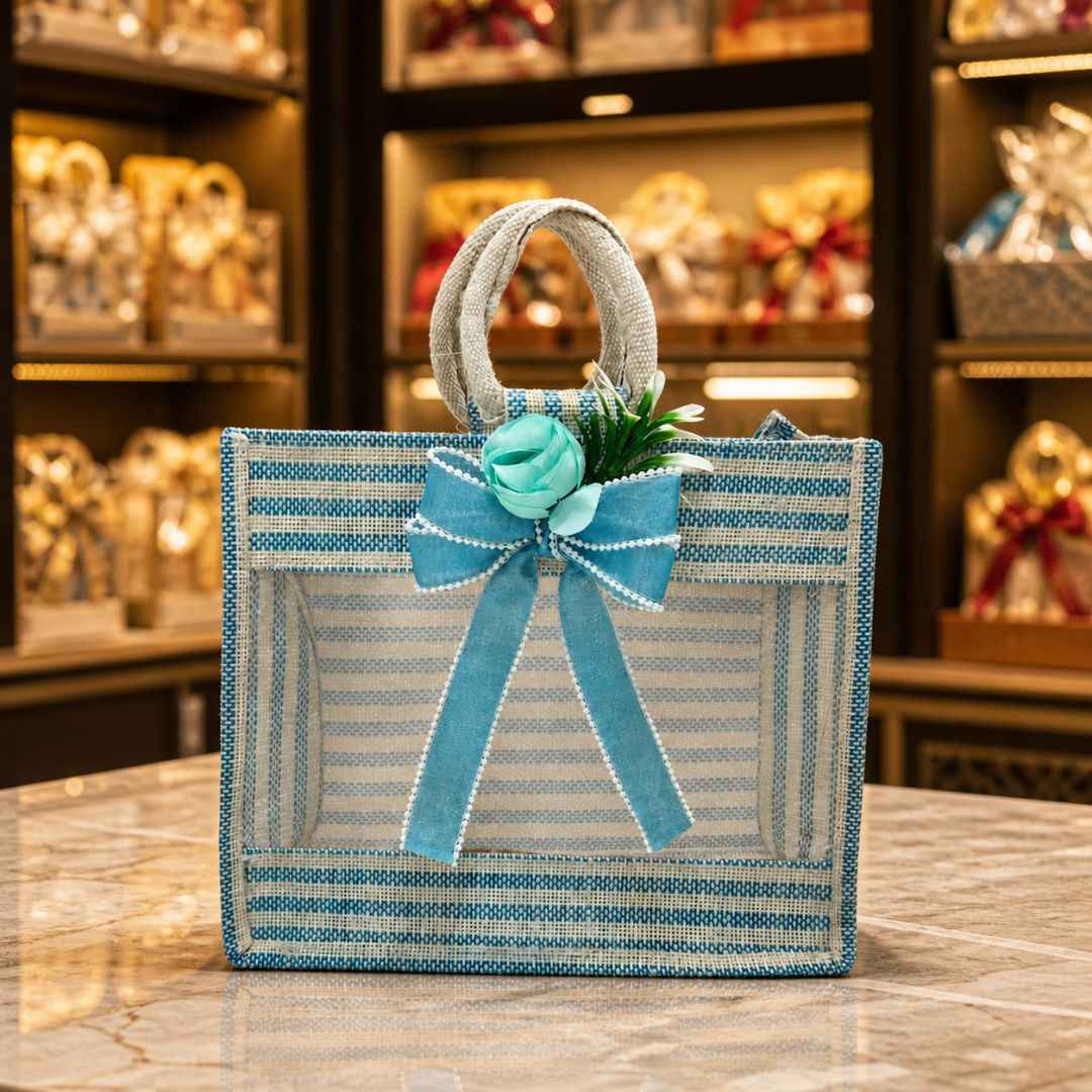 (Set of 5)Premium Blue Striped Jute Gift Bag with Transparent Window & Floral Bow –  (12 x 14 Inches)