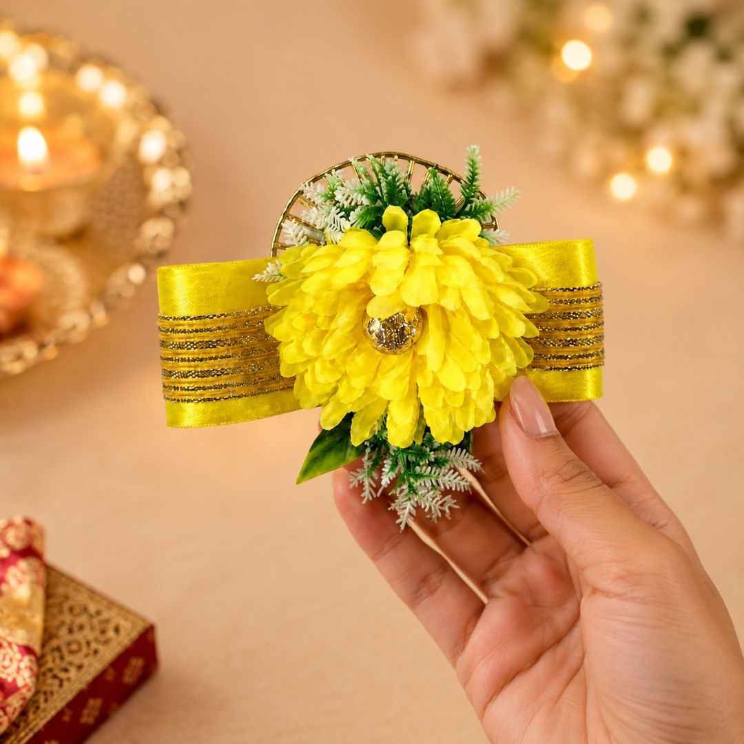 Set of 5 Yellow Floral Decorative Accessories for Hamper Decoration, Trousseau Packing & Gift Wrapping