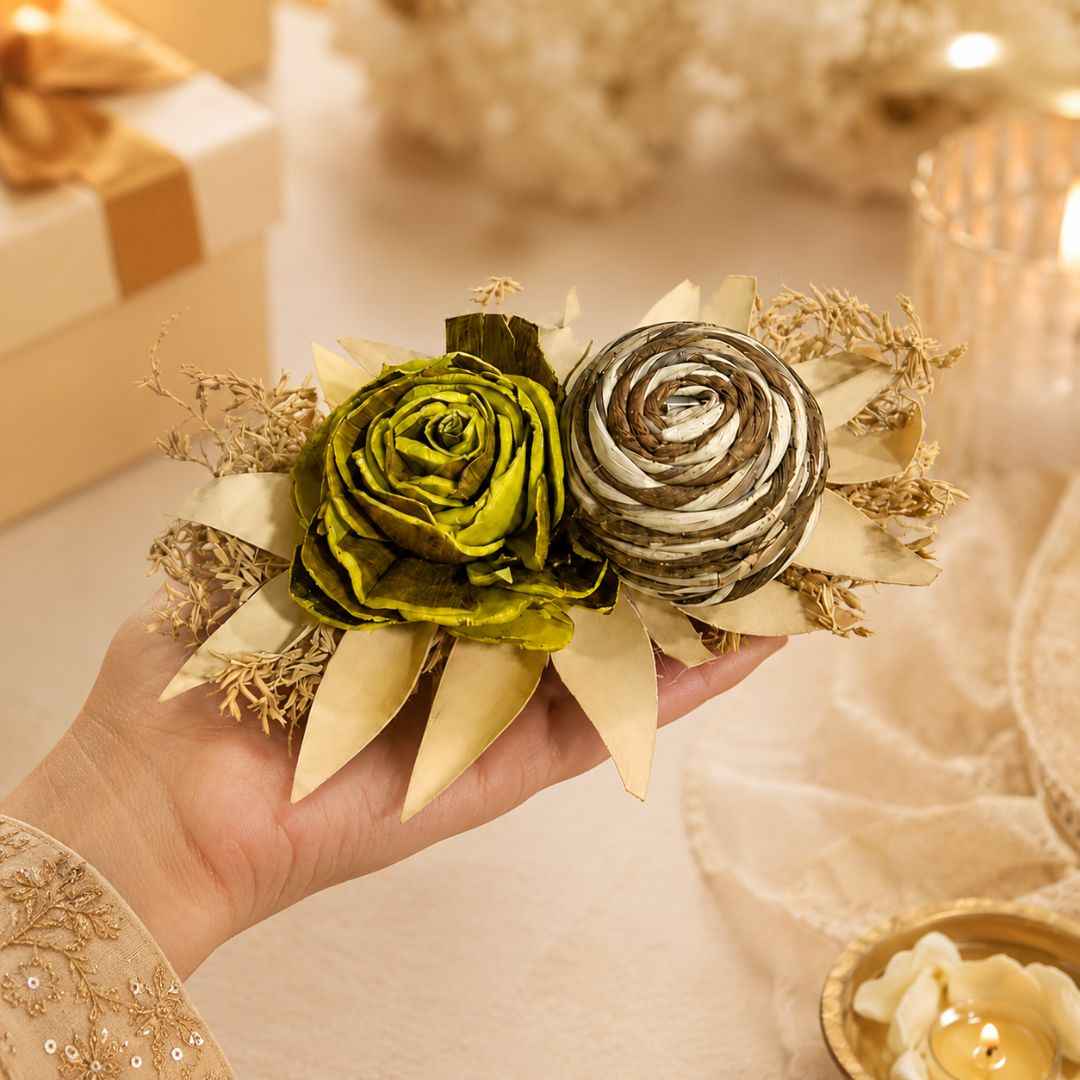 Set of 5 Olive Green & Natural Floral Decorative Accessories for Hamper & Trousseau Packing