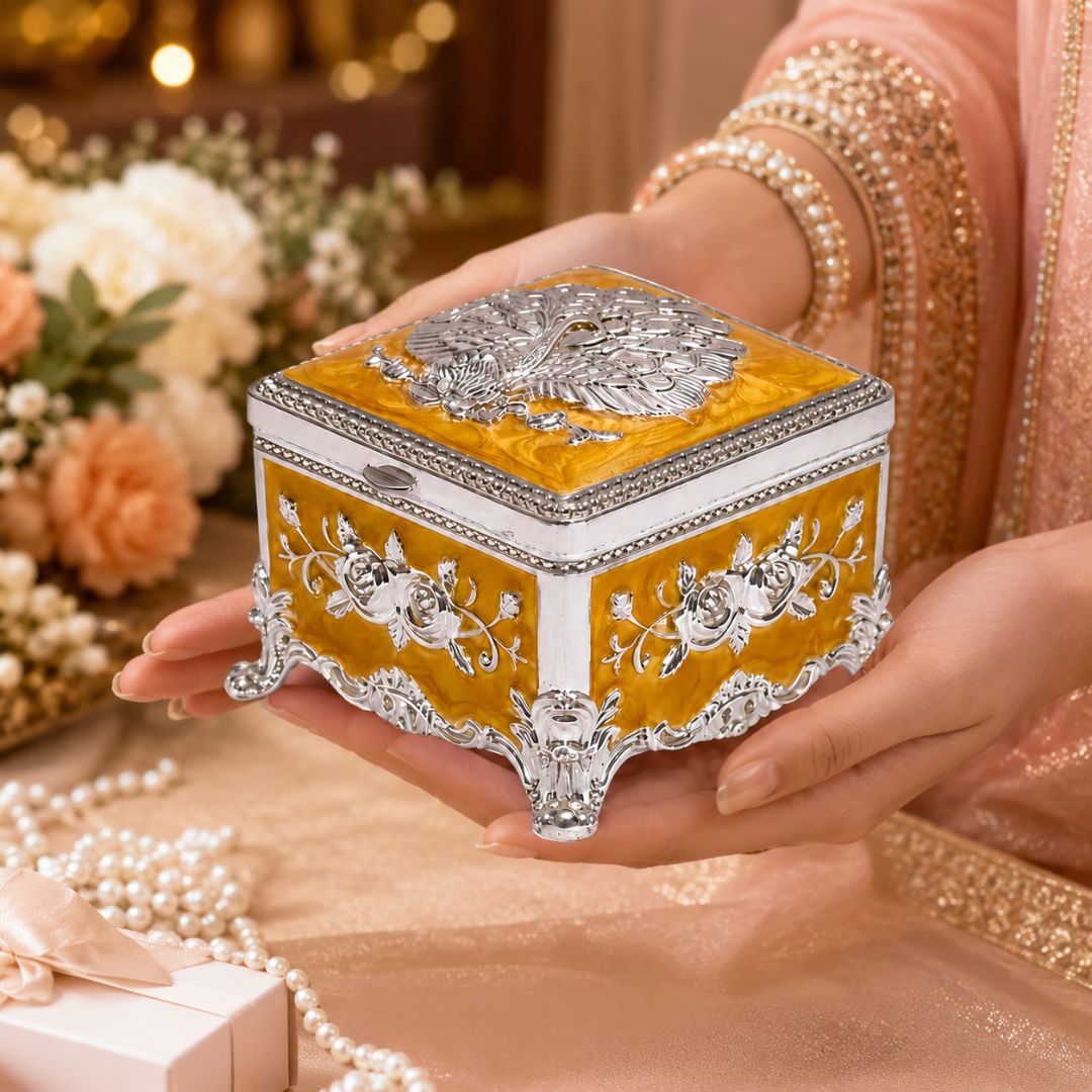 Royal Peacock Embossed Decorative Storage Box – 3 x 3 Inch (Premium Finish)
