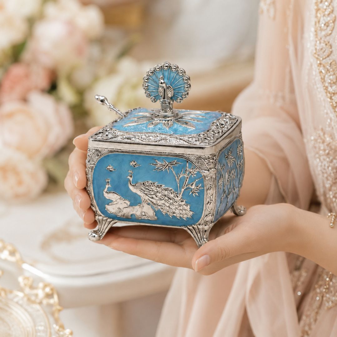 Royal Peacock German Silver Dry Fruit Box – Handcrafted Premium Gift (4 x 4 Inch)