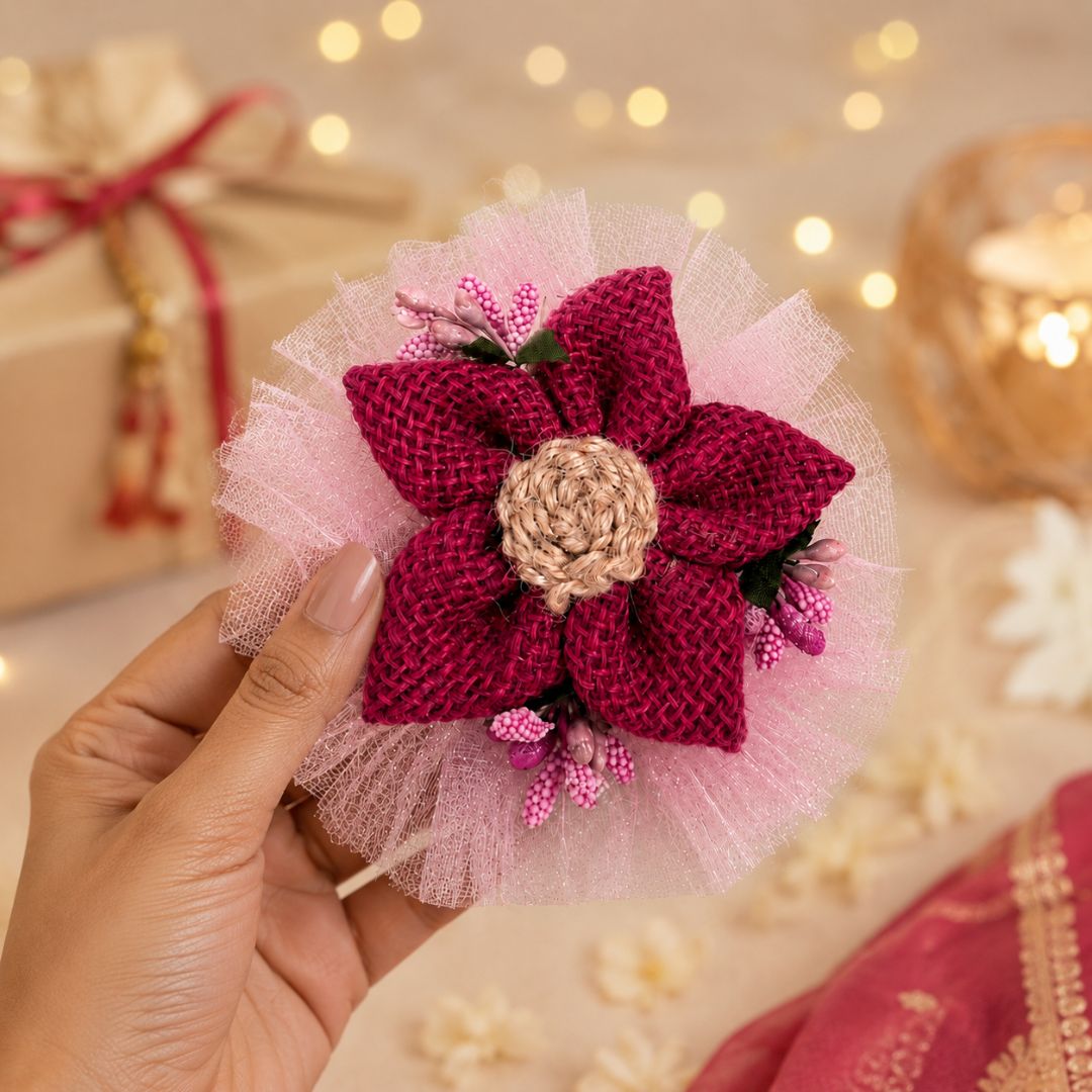 Set of 5 Magenta Jute Floral Net Decoration Accessories for Hamper Packing