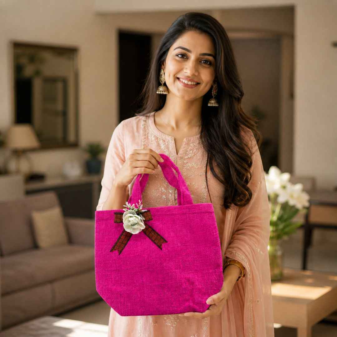 (Set of 5)Premium Pink Jute Gift Bags  with Floral Bow – 11 x 15 Inches