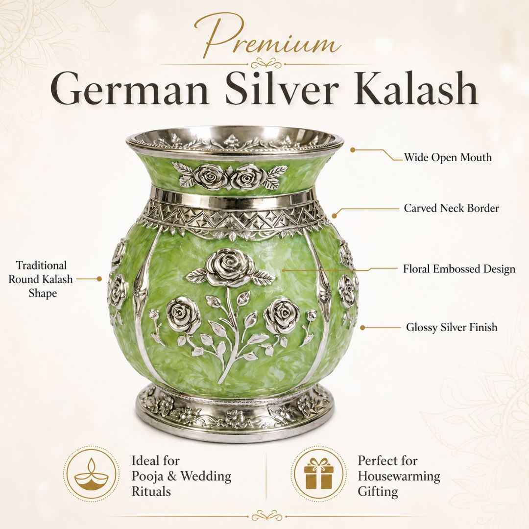 German Silver Floral Kalash with Green Enamel Work