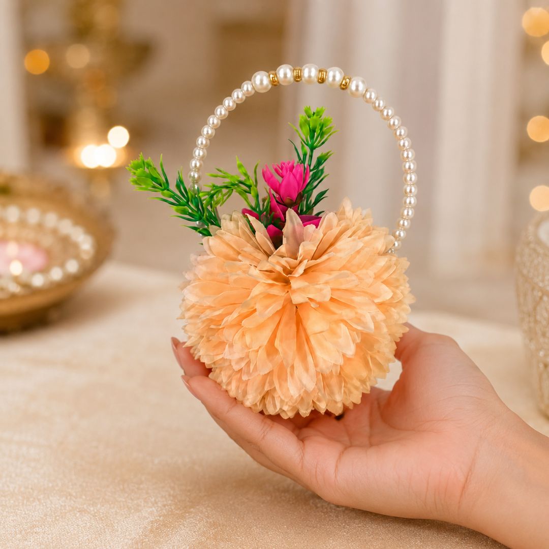 Set of 5 Peach Pearl Handle Floral Decorative Accessories for Hamper & Trousseau Packing