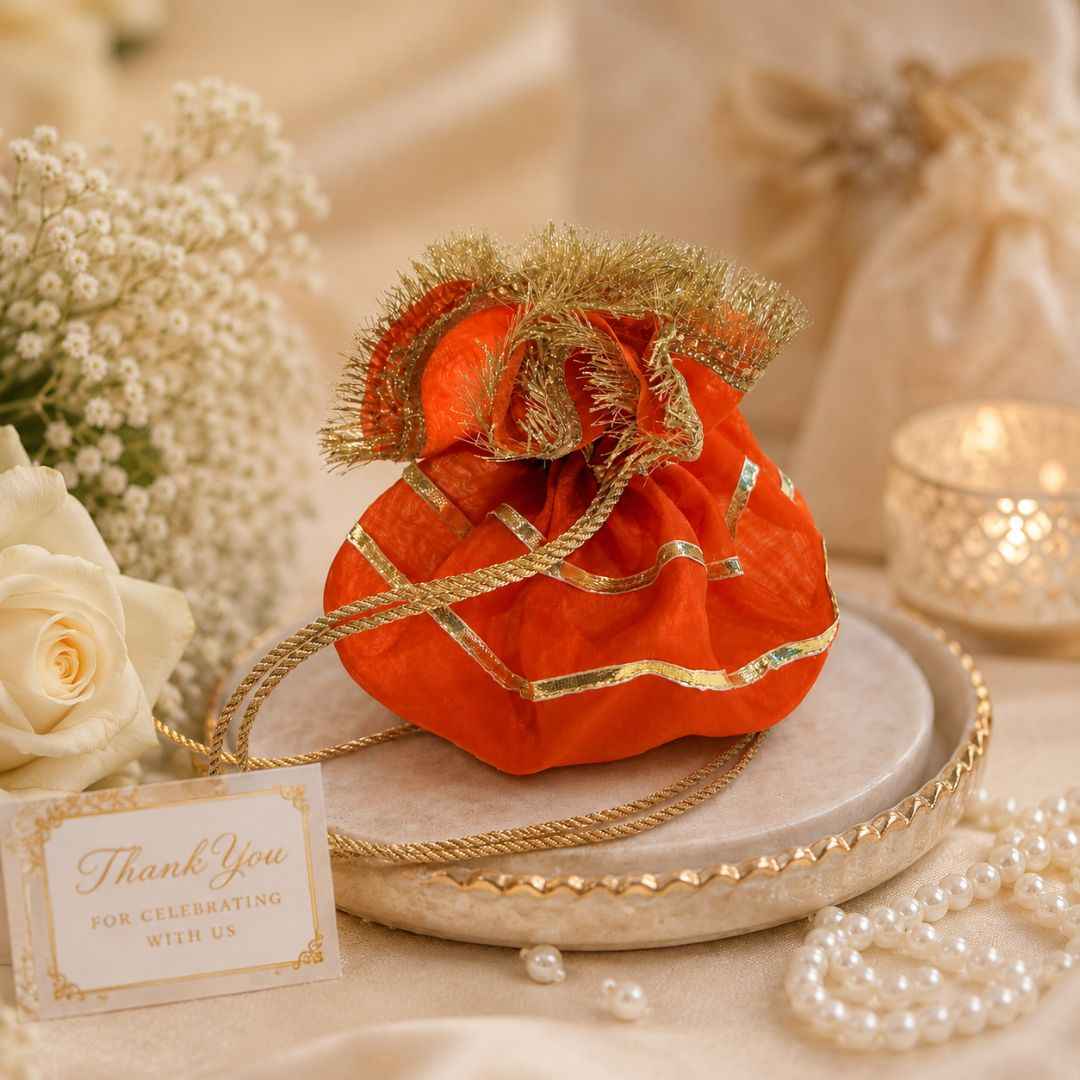 Pack of 5-Orange Gold Lace Drawstring Potli Bag