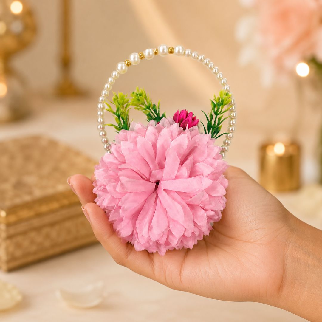 Set of 5 Pink Pearl Handle Floral Decorative Accessories for Hamper & Trousseau Packing