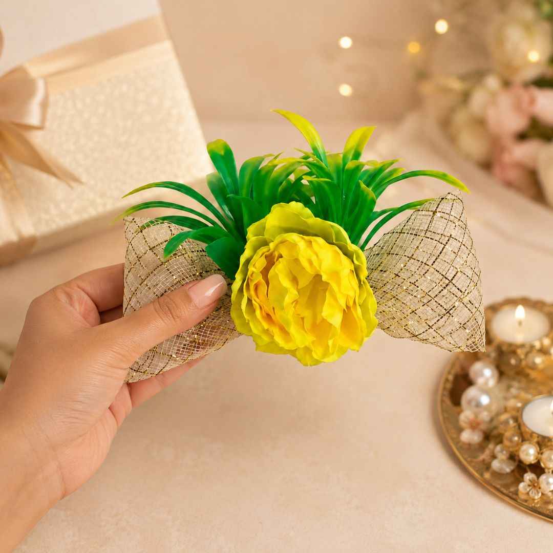 Set of 5 Yellow Flower Decorative Accessories with Golden Net for Hamper & Trousseau Packing