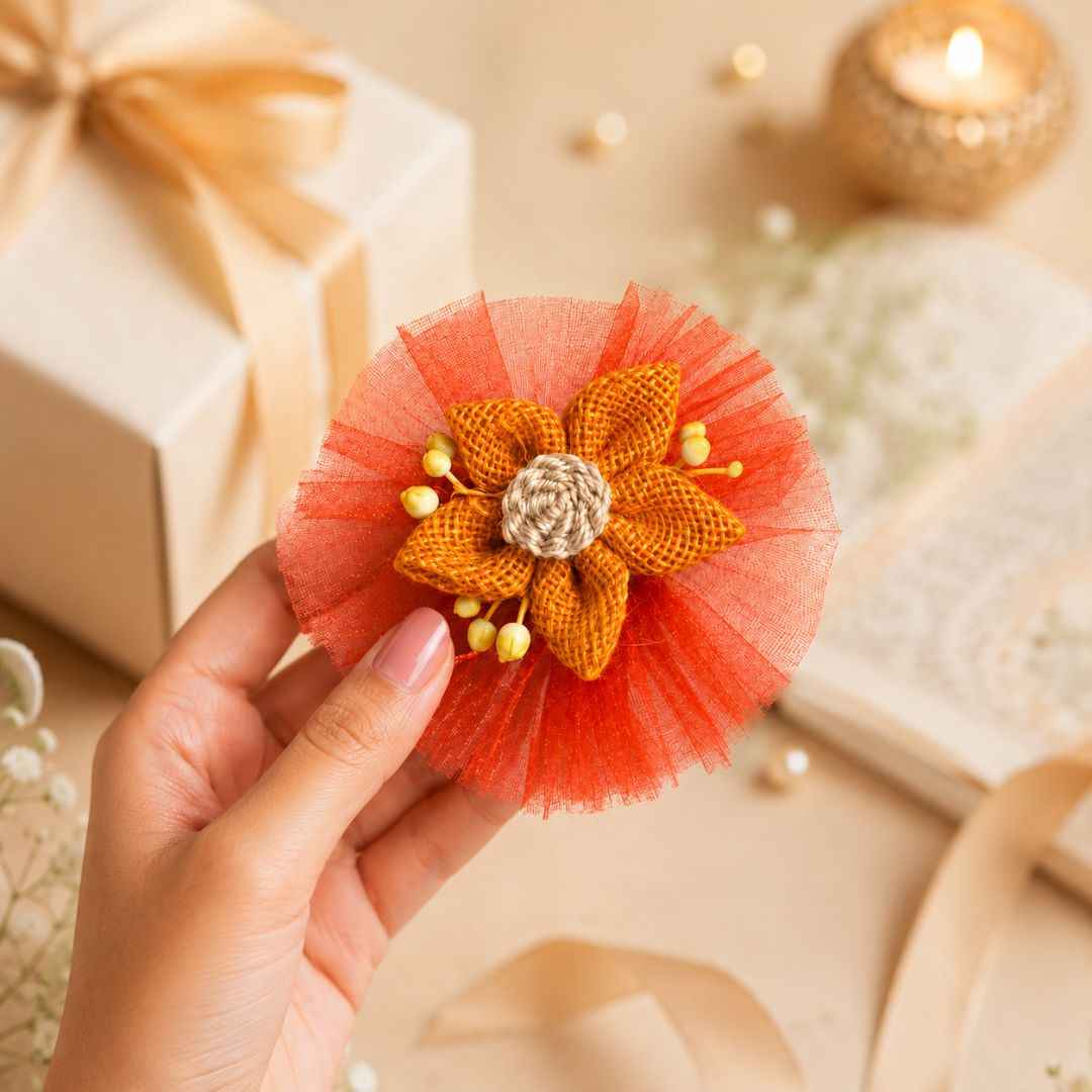 Set of 5 Orange Jute Flower Decorative Accessories with Net for Hamper & Trousseau Packing